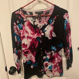 White House Black Market Floral Button Down Cardigan - Black, Pink, Blue
